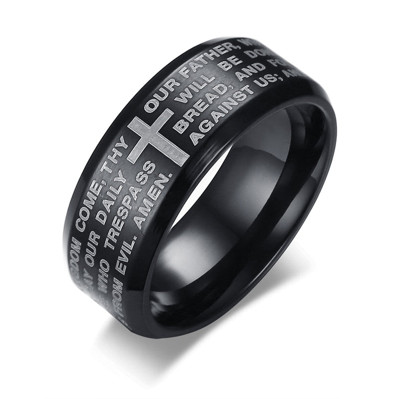 The Lord's Prayer - Bible Scripture & Religious Cross Stainless Steel Men's Ring