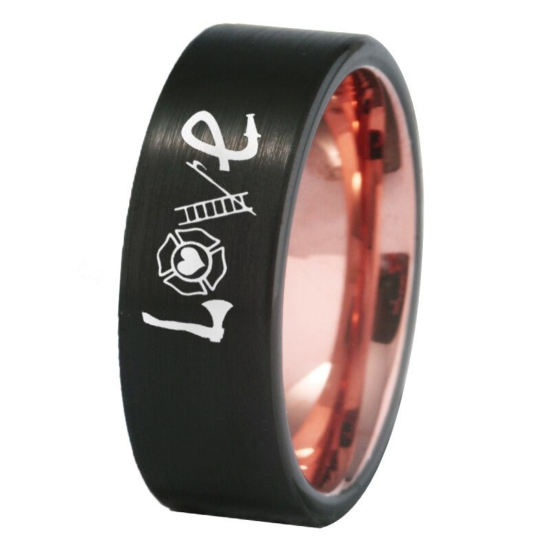 8mm Firefighter Love Design Black & Rose Gold Tungsten Men's Ring