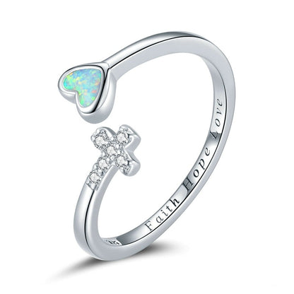 Opal Love Heart & Christian Cross Faith 925 Sterling Silver Women's Ring