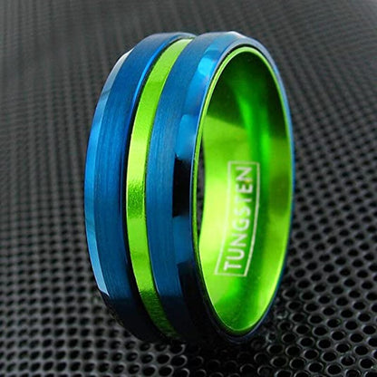 6mm or 8mm Royal Blue Brushed Satin & Lime Green Tungsten Rings
