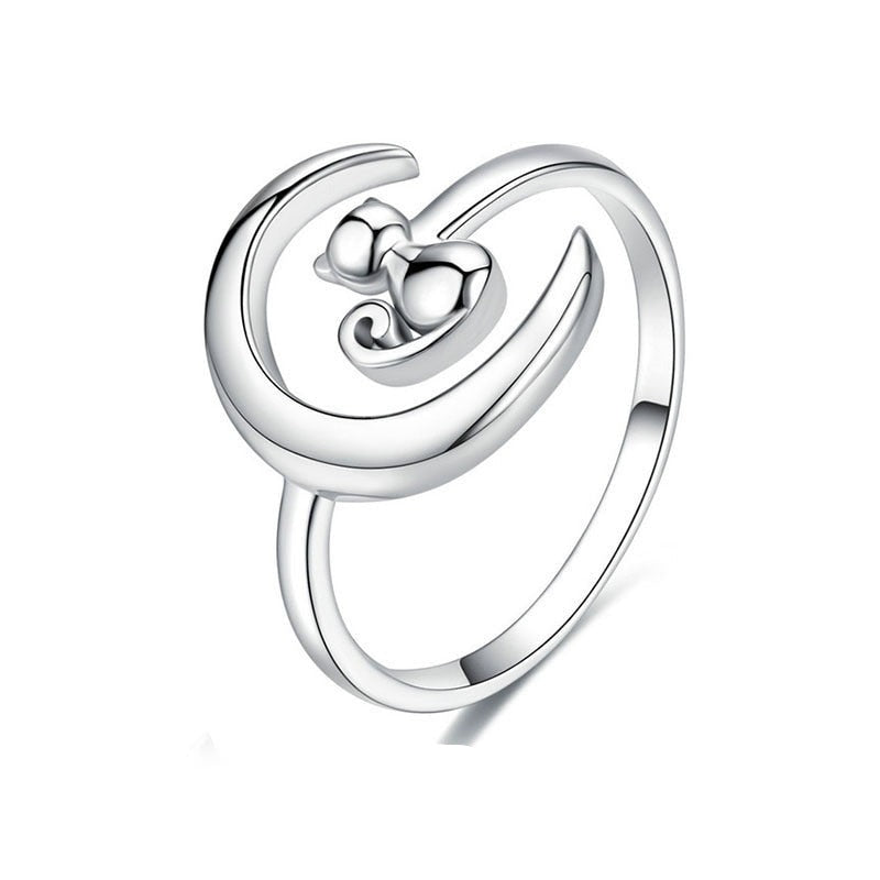 Crescent Moon & Cat 925 Sterling Silver Adjustable Women's Ring