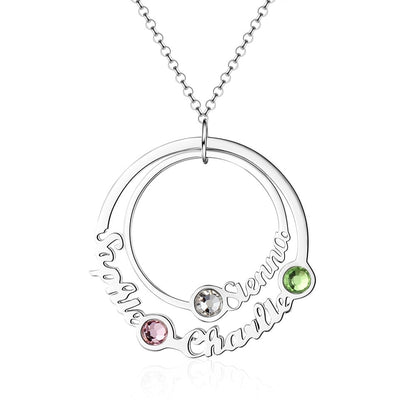 Circle Necklace with 3 Names & Birthstones 925 Sterling Silver Necklaces