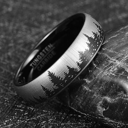 6mm Forest Pine Trees Tungsten Black & Silver Unisex Ring