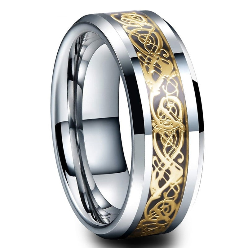 8mm Gold Dragon Black Carbon Fibre Inlay Silver Tungsten Men's Ring
