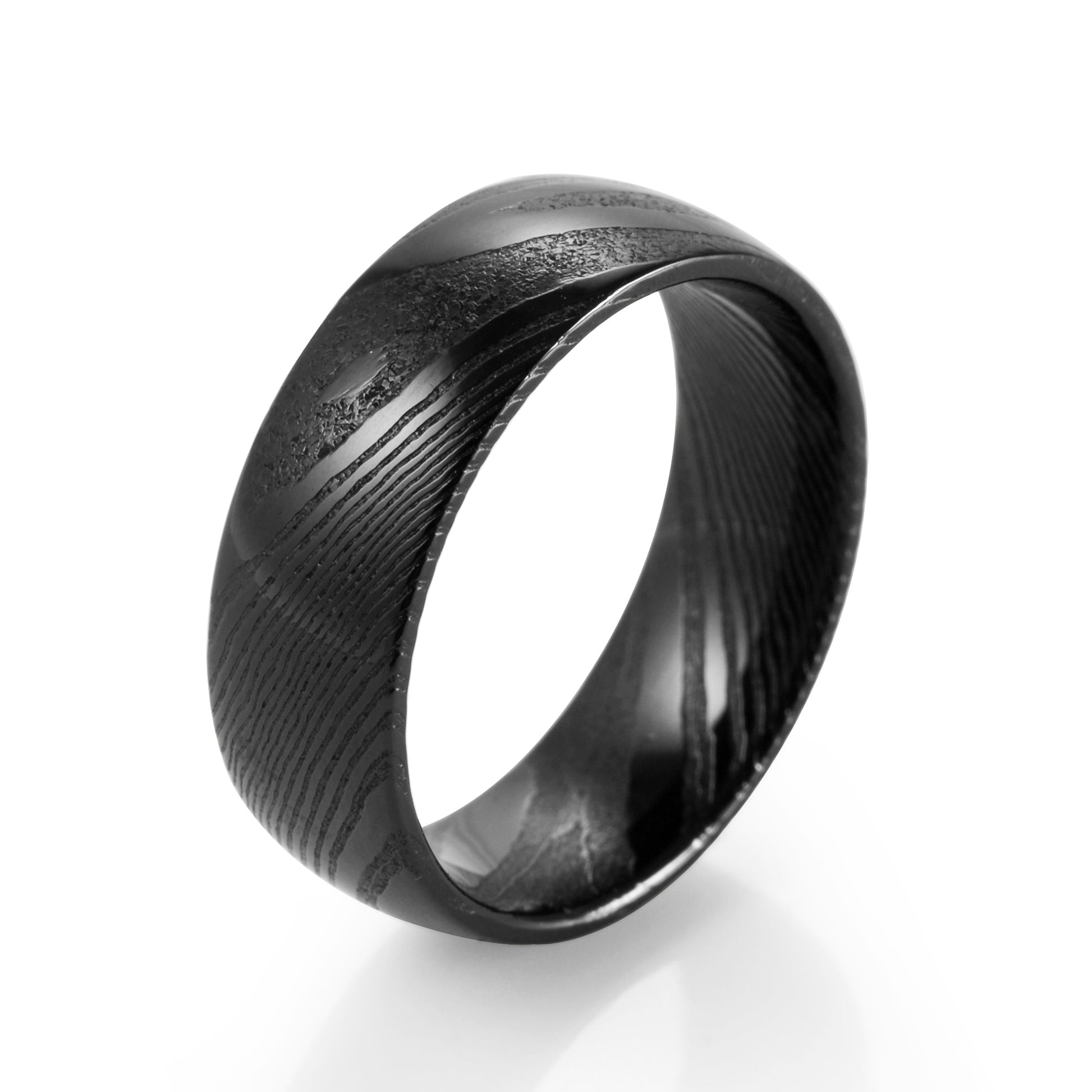 8mm Wood Grain Damascus Steel Black Men's Ring