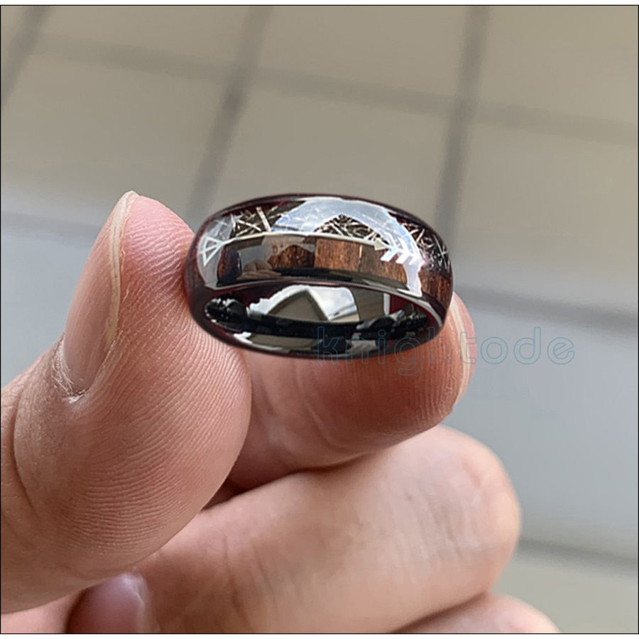 8mm Black Meteorite, Koa Wood & Arrow Inlay Black Tungsten Unisex Ring