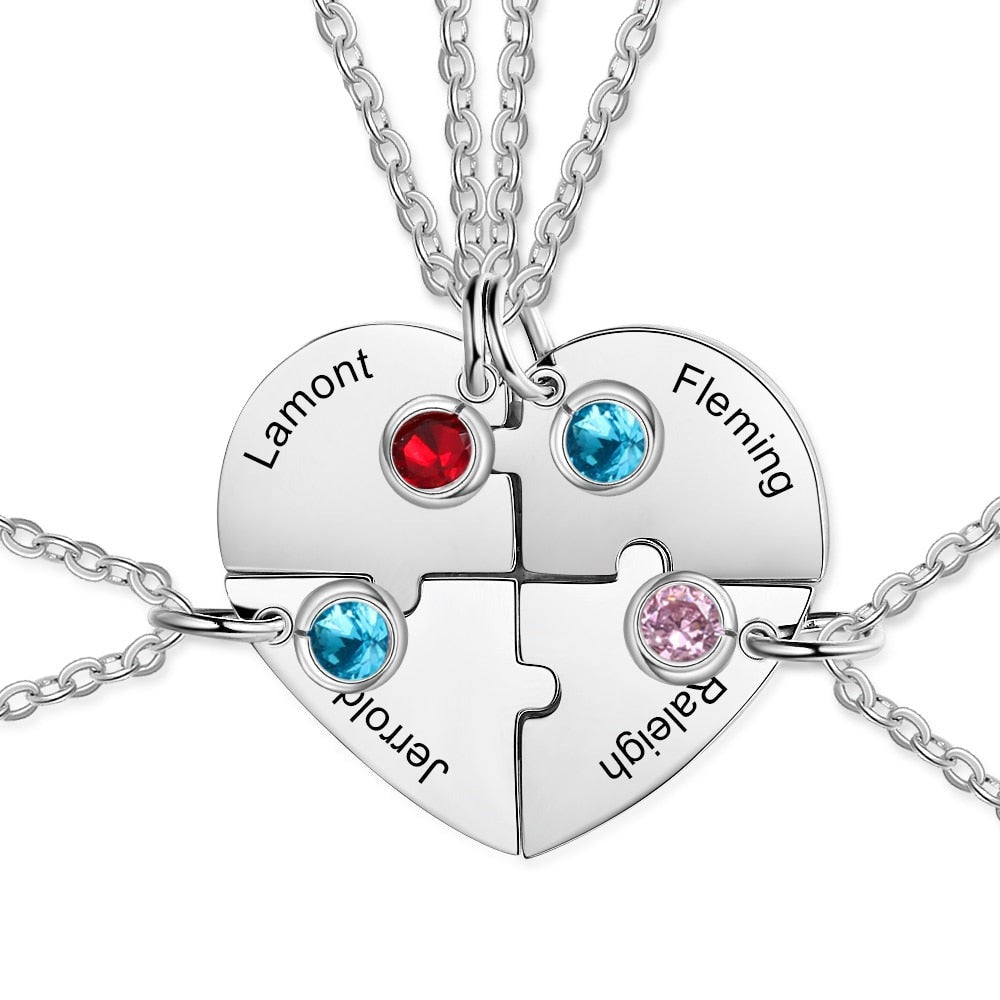 4 Personalized Name Engraved Birthstones Heart Stainless Steel Women's Necklaces (4pc/set)