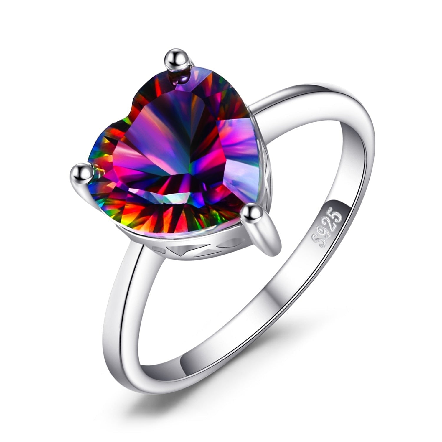 Heart Rainbow Mystic Quartz Solitaire 925 Sterling Silver Women's Ring - Promise Rings