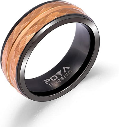 8mm Hammered Gold Color Inlay With Groove & Black Tungsten Men's Ring