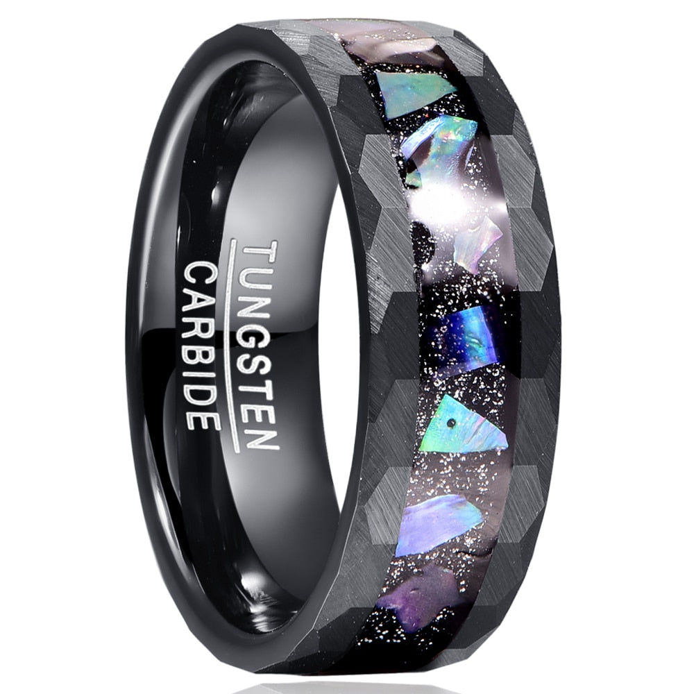 8mm Starry Sky & Abalone Shell Edge Hammered Black Tungsten Men's Ring