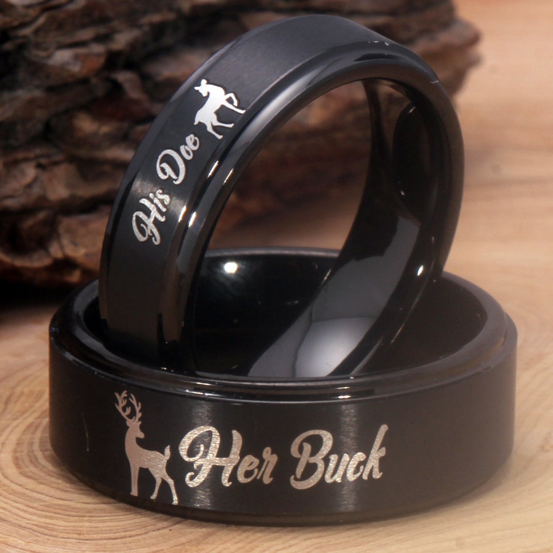 6mm & 8mm Her Buck & His Doe Deer Black Tungsten Couple Rings