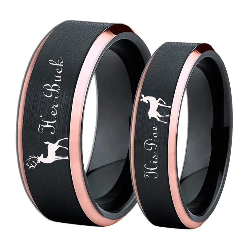 Her Buck & His Doe With Rose Gold & Black Tungsten Unisex Rings - Promise Rings