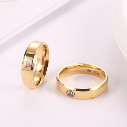 Her King & His Queen Polished Gold Color Couples Rings - Promise Rings