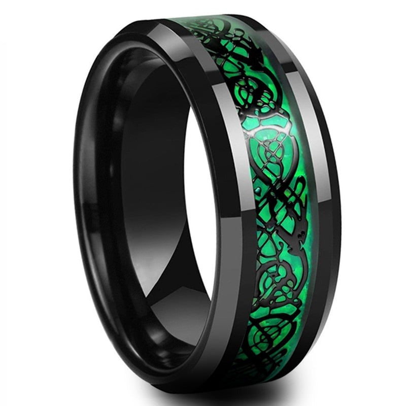 8mm Dragon Green Carbon Fibre Black Tungsten Men's Ring