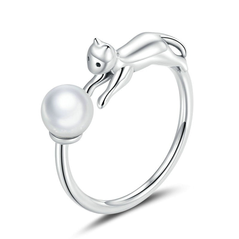 Cat Chasing Ball Pearl Shell 925 Sterling Silver Women's Ring