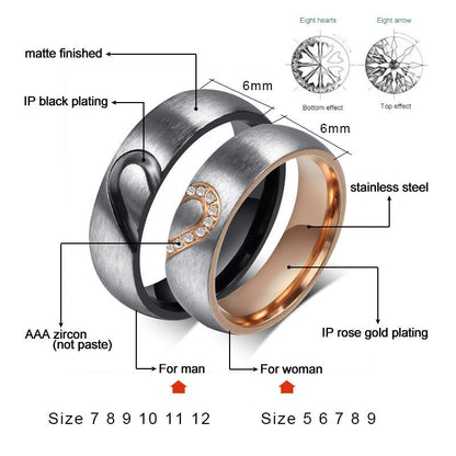 His and Hers Love Heart Stainless Steel Couples Rings (2Pc/Set) - Promise Rings