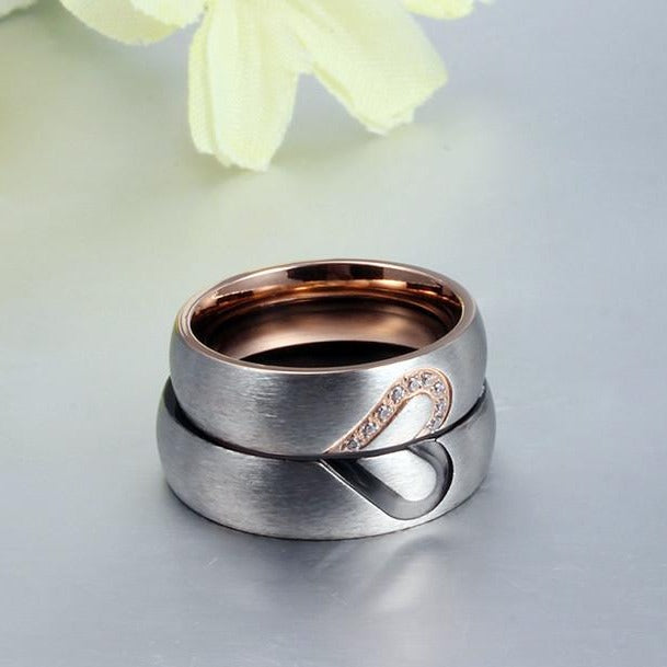 His and Hers Love Heart Stainless Steel Couples Rings (2Pc/Set) - Promise Rings