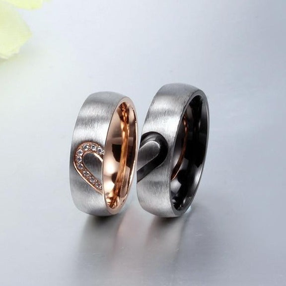 His and Hers Love Heart Stainless Steel Couples Rings (2Pc/Set) - Promise Rings