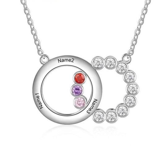 Interlocking Circles 925 Sterling Silver Necklace - 3 Engravings + 3 Birthstones - Necklaces