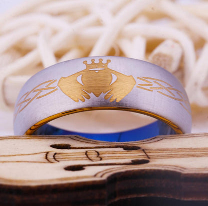 Irish Claddagh Silver, Gold & Blue Unisex Ring - Promise Rings