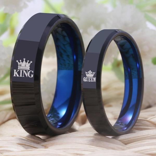King & Queen Crown Black Blue Tungsten Couples Rings - Promise Rings