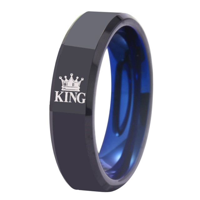 King & Queen Crown Black Blue Tungsten Couples Rings - Promise Rings