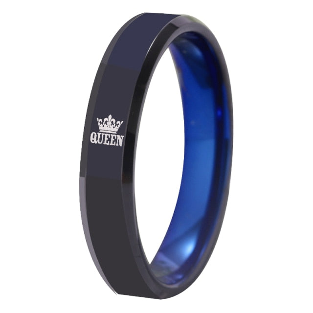 King & Queen Crown Black Blue Tungsten Couples Rings - Promise Rings