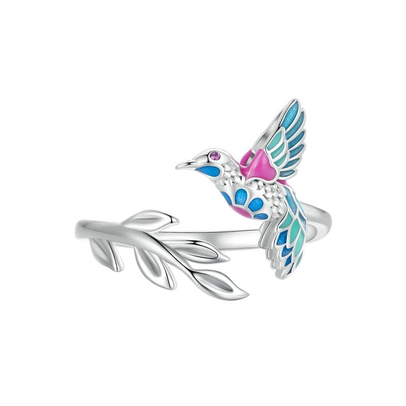 4mm Sterling Silver Kingfisher Ring – Colorful Bird & Leaf Branch Design (Women’s) - Promise Rings
