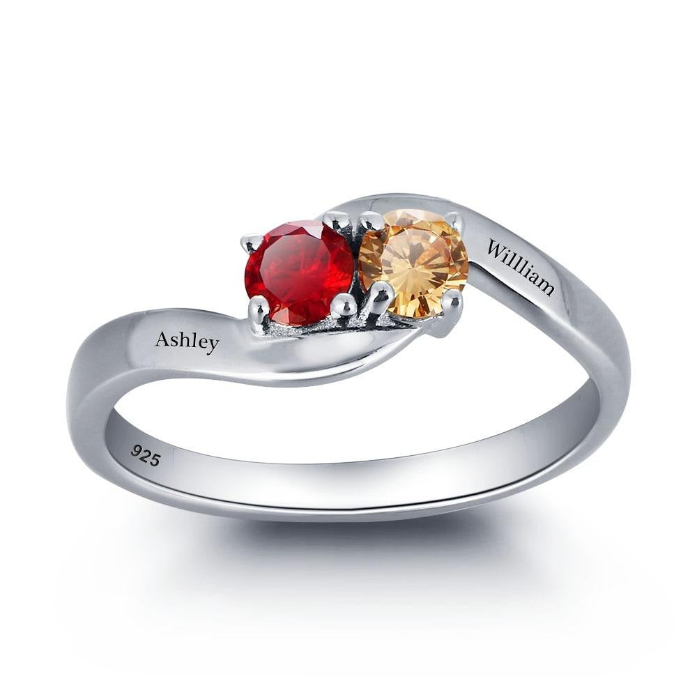Lovers Dance 925 Sterling Silver + 2 Birthstones & 2 Engravings - Promise Rings