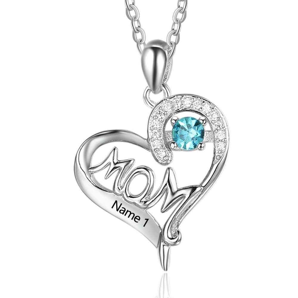 Mom Personalized 925 Sterling Silver Heart Necklace - 1 Name & 1 Birthstone - Necklaces