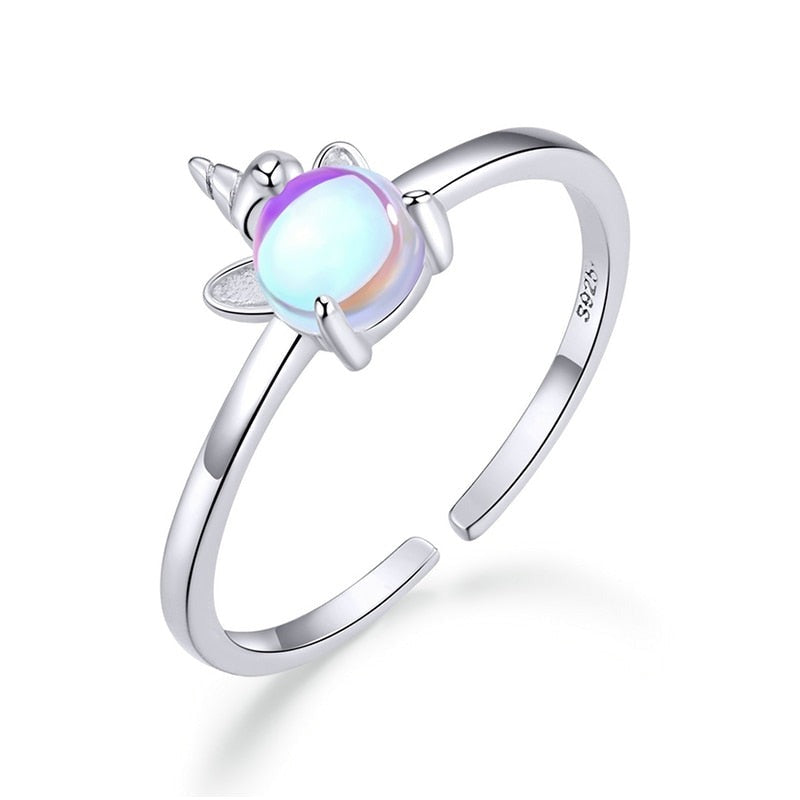 Adjustable Sterling Silver Unicorn Ring – Magical Moonstone Glow Design (Women’s) - Promise Rings