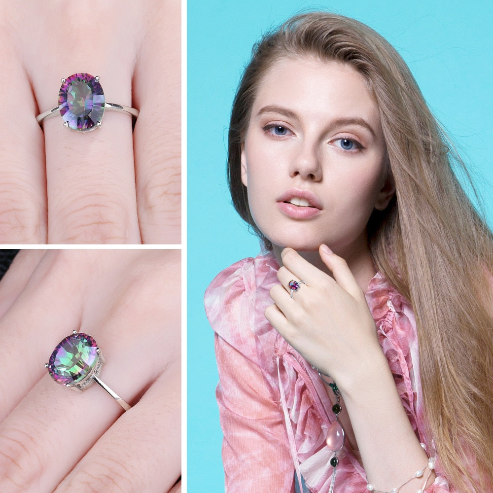Natural Oval Mystic Quartz Rainbow Fire 925 Sterling Silver Women's Ring - Promise Rings