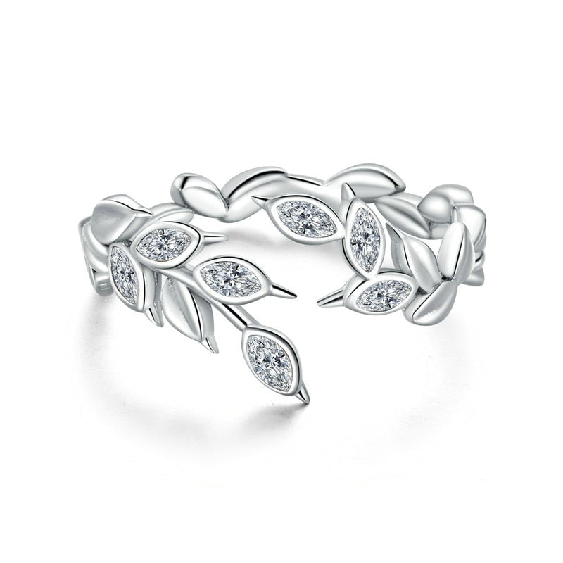 925 Sterling Silver Nature Leaf Ring – Adjustable with CZ Stones (Unisex) - Promise Rings