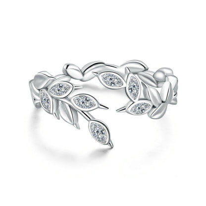 925 Sterling Silver Nature Leaf Ring – Adjustable with CZ Stones (Unisex) - Promise Rings