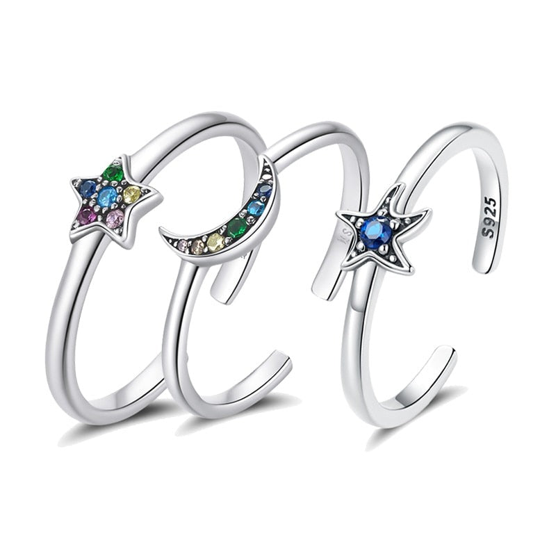 2mm Sterling Silver Ocean Ring – Moon, Starfish & Star Shapes with Dark Blue Zircon (Women’s) - Promise Rings