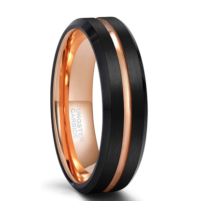 8mm or 6mm Luxury Black & Rose Gold Line Tungsten Mens Ring
