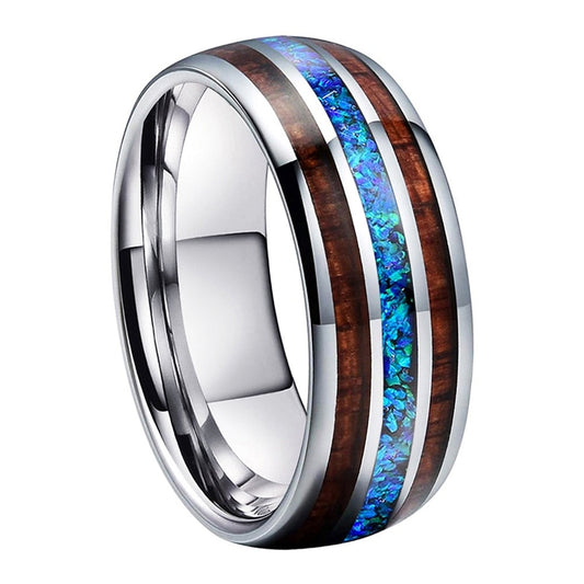 8mm Luxury Blue Opal & Koa Wood Polished Tungsten Unisex Ring