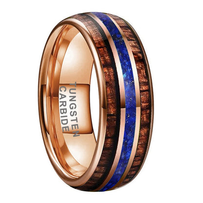 8mm Blue Lapis & Koa Wood Rose Gold Tungsten Unisex Ring