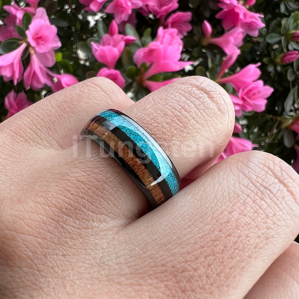 8mm Blue Turquoise & Hawaiian Koa Wood Unisex Ring