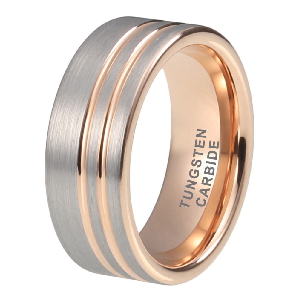 8mm Offset Double Band Rose Gold Tungsten Men's Ring