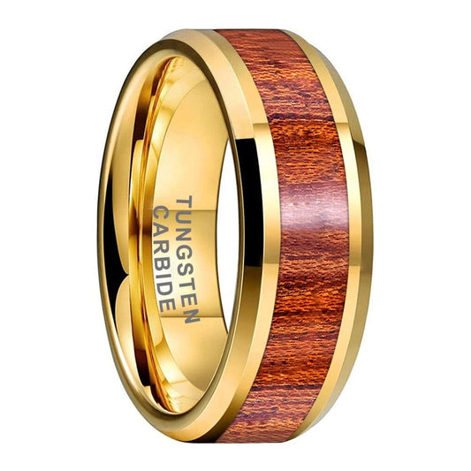 8mm Wood Inlay Gold Color Tungsten Men's Ring