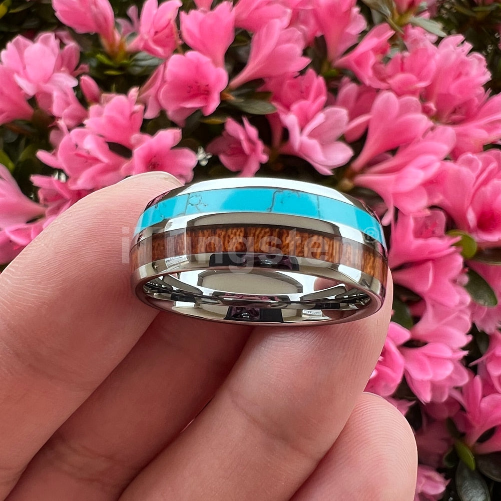 8mm Blue Turquoise Koa Wood Silver Unisex Ring