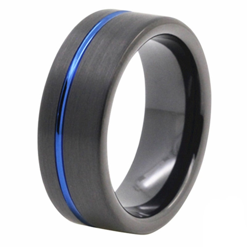 8mm Thin Blue Inlay & Full Black Tungsten Men's Ring