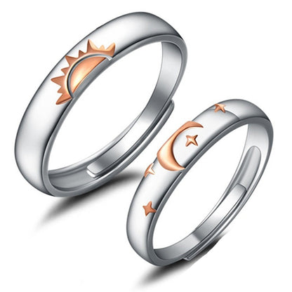Sun & Moon With Stars 925 Sterling Silver Unisex Rings (2pc/Set)