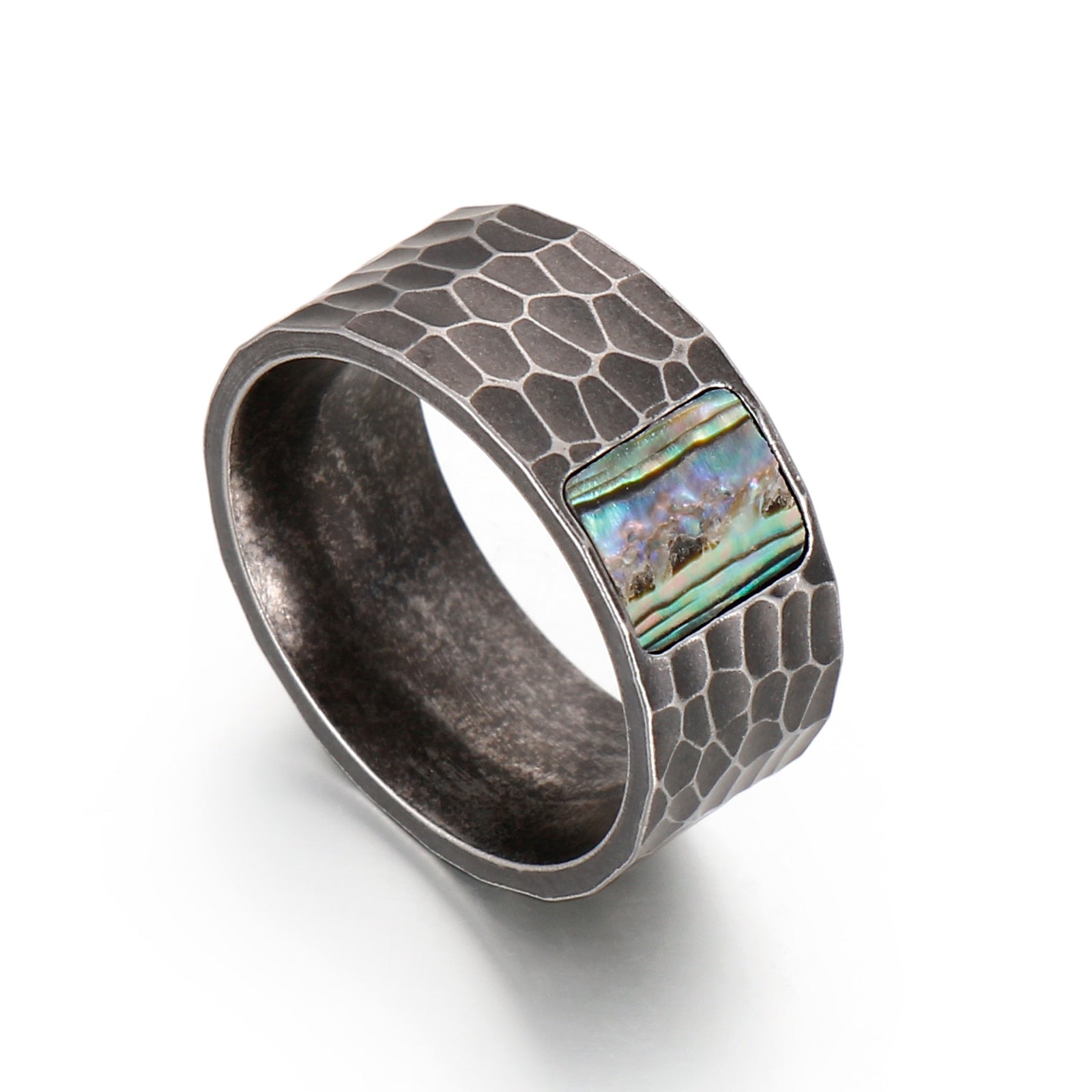 10mm Hammered & Abalone Shell Inlay Men's Ring (2 colors)