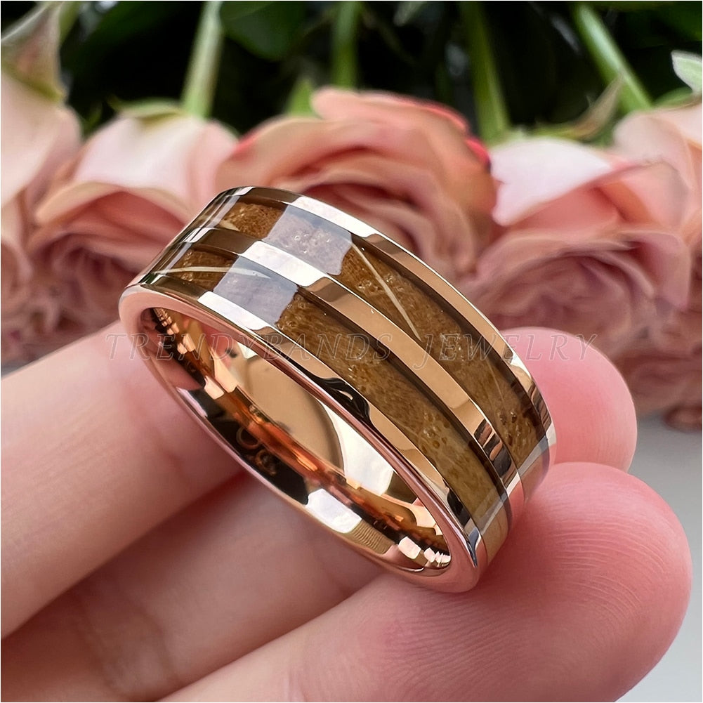 8mm Whiskey Barrel Wood Inlay Polished Tungsten Unisex Ring