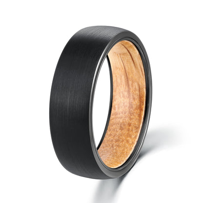 7mm Natural Oak Barrel Wood & Black Tungsten Unisex Ring