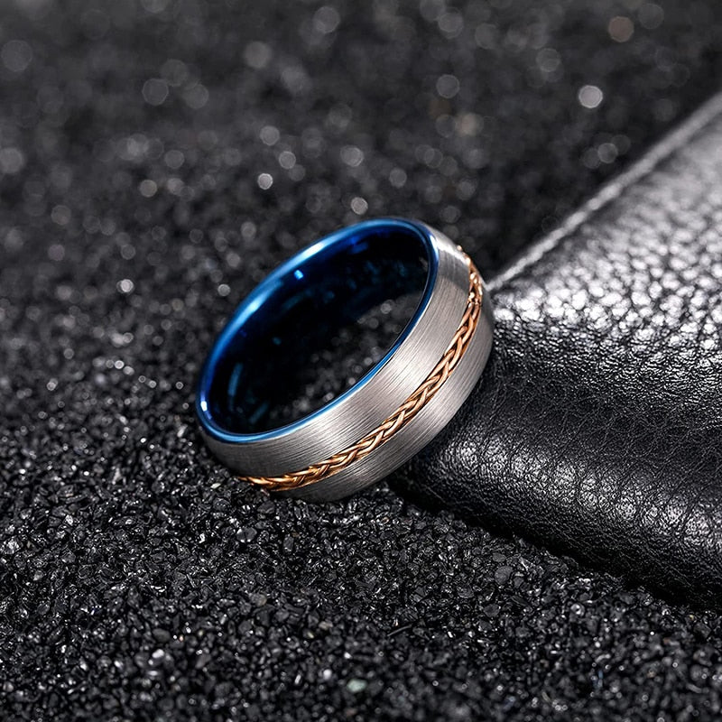 8mm Braided lnlay Blue & Silver Tungsten Mens Ring