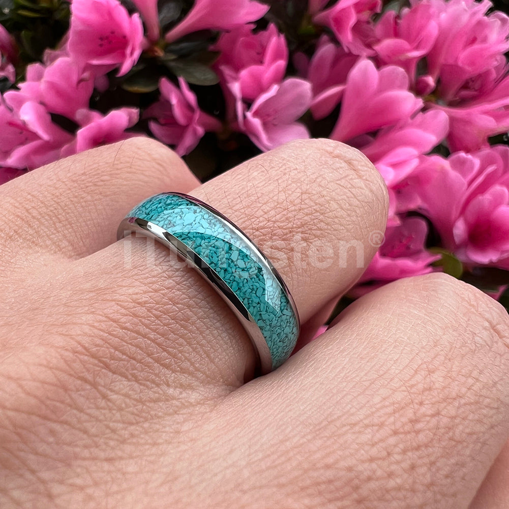 4mm, 6mm, 8mm Turquoise Inlay Tungsten Silver Unisex Rings