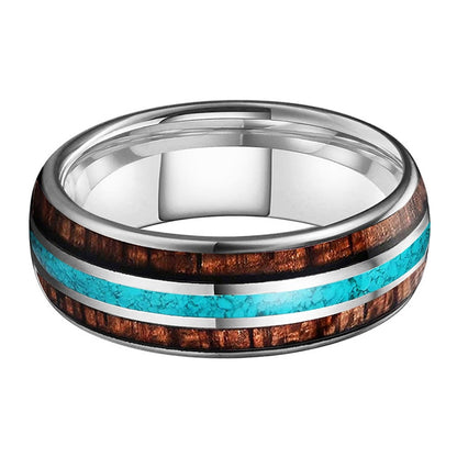 8mm Double Koa Wood & Turquoise Inlay Tungsten Unisex Ring